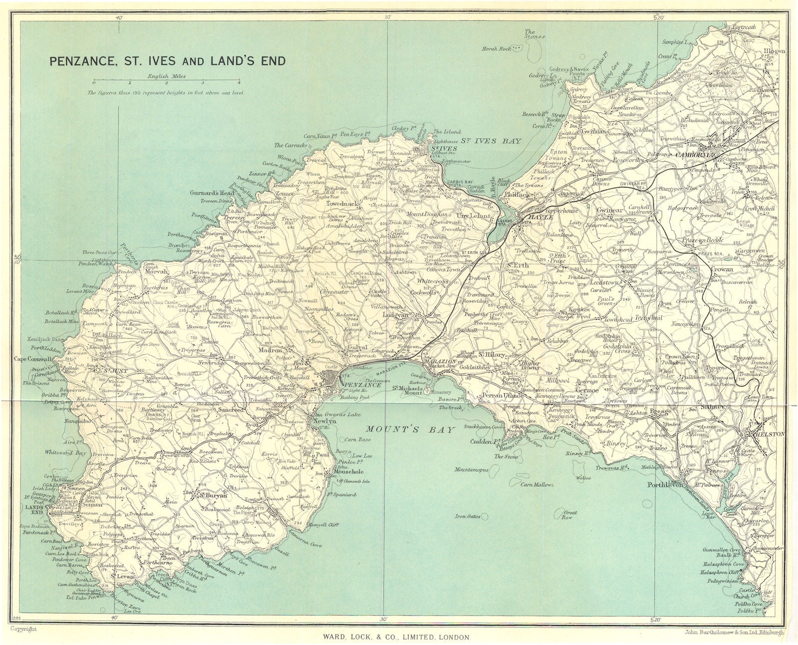 CORNWALL. Penzance, St. Ives and Land's End. Camborne. WARD LOCK 1952 old map